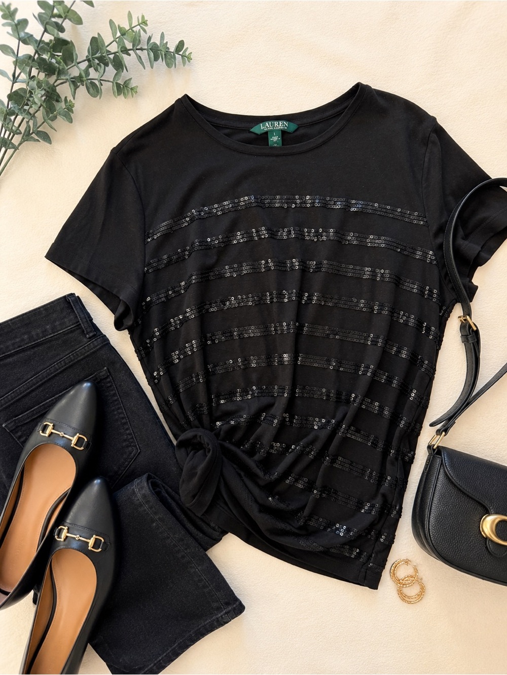 Lauren Ralph Lauren Women’s Black Sequin Stripe Short Sleeve Top Size L